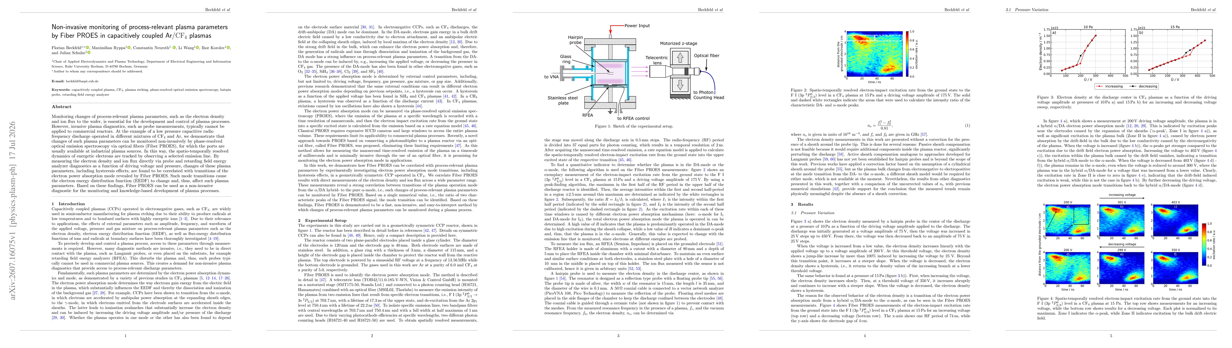 Thumbnail for Non-invasive monitoring of process-relevant plasma parameters by Fiber PROES in capacitively coupled Ar/CF$_4$ plasmas