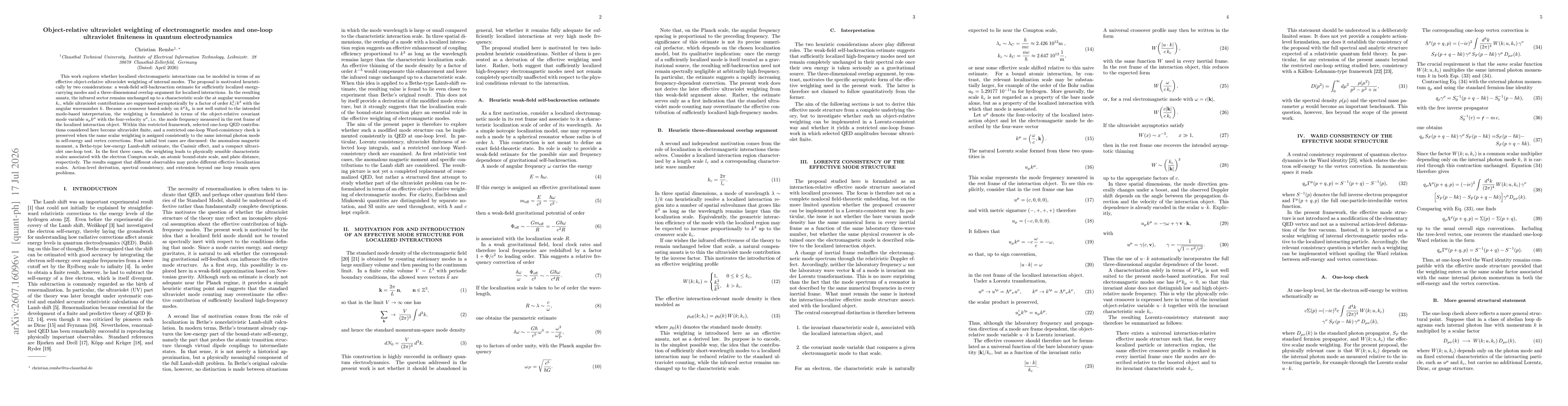 Thumbnail for Object-relative ultraviolet weighting of electromagnetic modes and one-loop ultraviolet finiteness in quantum electrodynamics