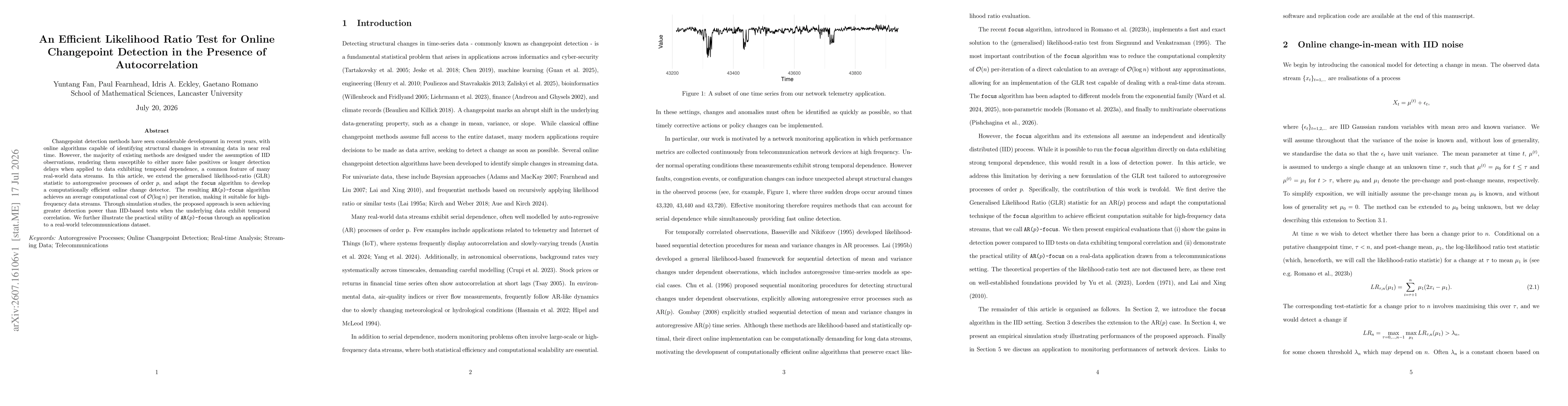 Thumbnail for An Efficient Likelihood Ratio Test for Online Changepoint Detection in the Presence of Autocorrelation