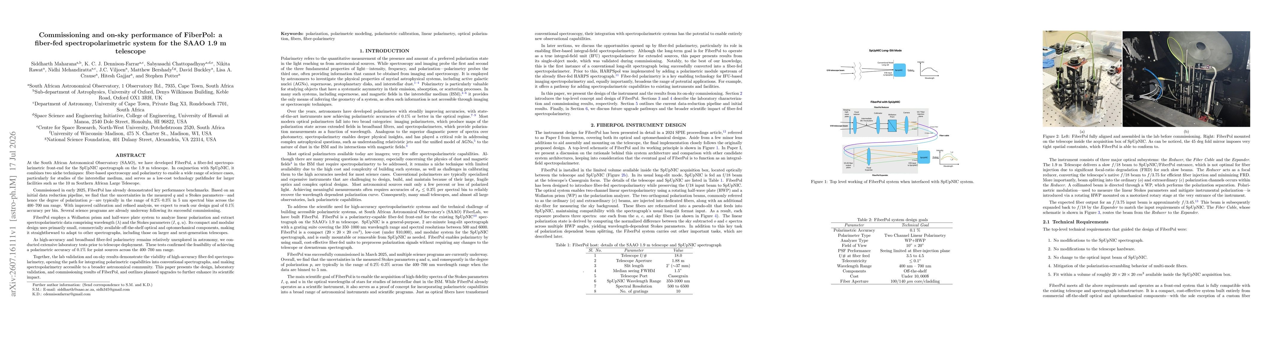 Thumbnail for Commissioning and on-sky performance of FiberPol: a fiber-fed spectropolarimetric system for the SAAO 1.9 m telescope
