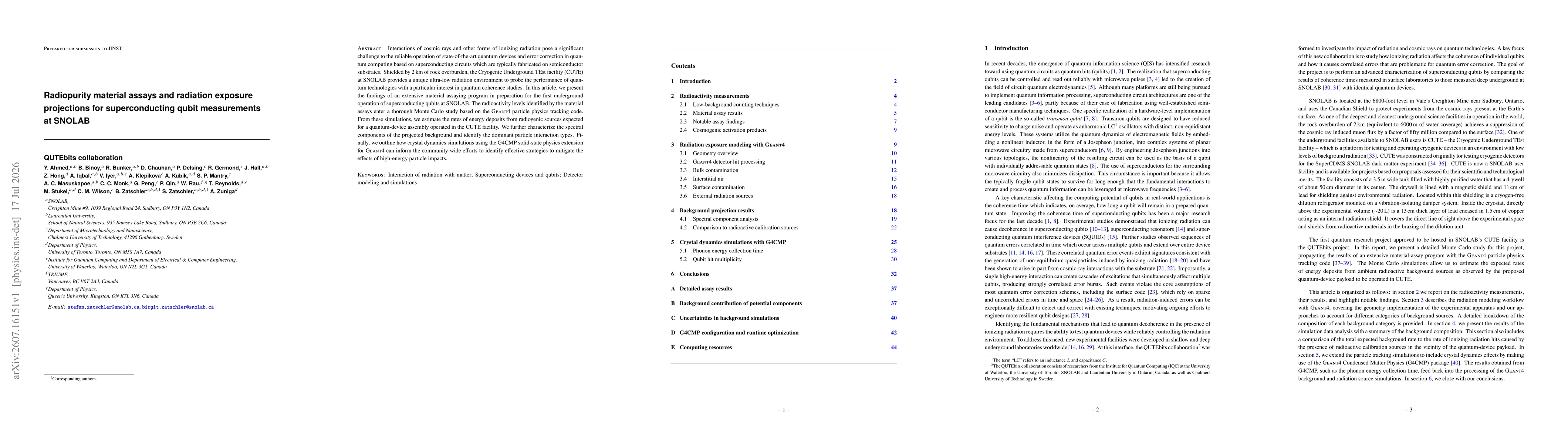 Thumbnail for Radiopurity material assays and radiation exposure projections for superconducting qubit measurements at SNOLAB