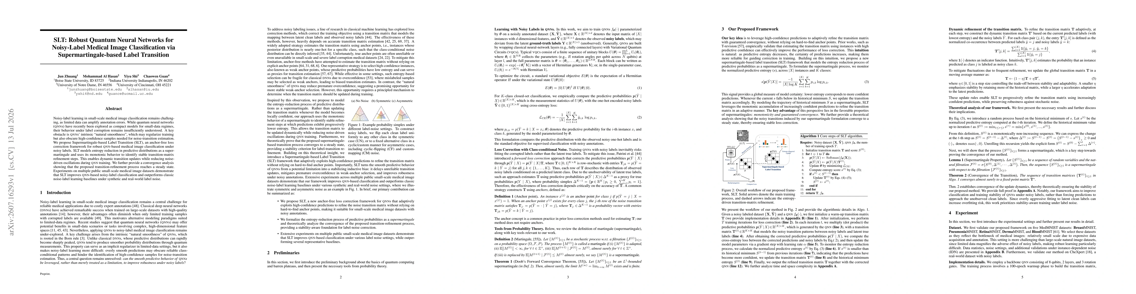 Thumbnail for SLT: Robust Quantum Neural Networks for Noisy-Label Medical Image Classification via Supermartingale-based Label Transition