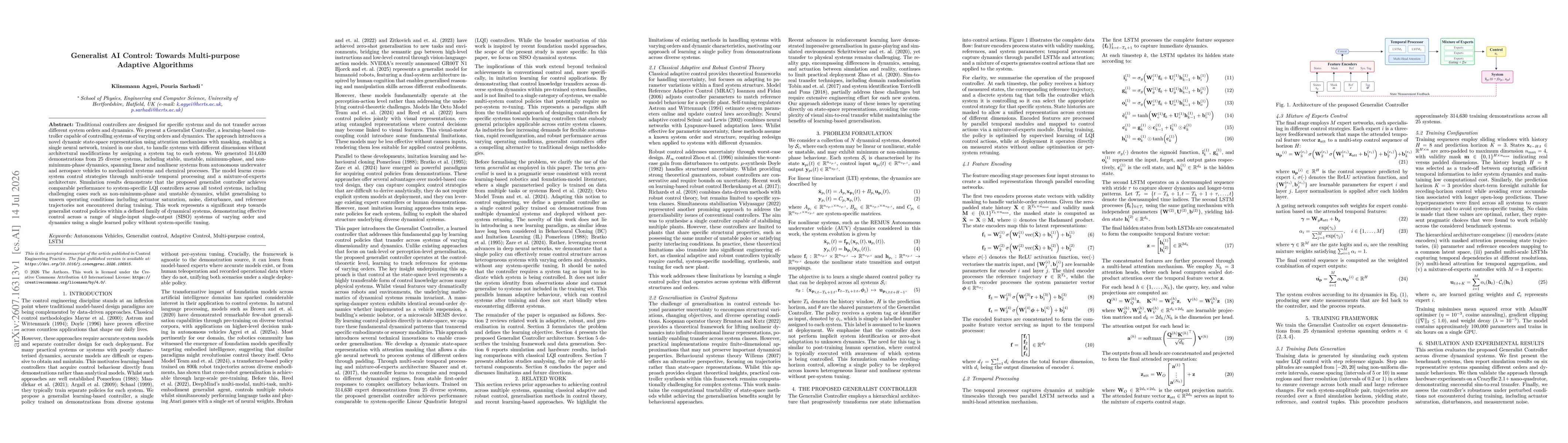 Thumbnail for Generalist AI Control: Towards Multi-purpose Adaptive Algorithms