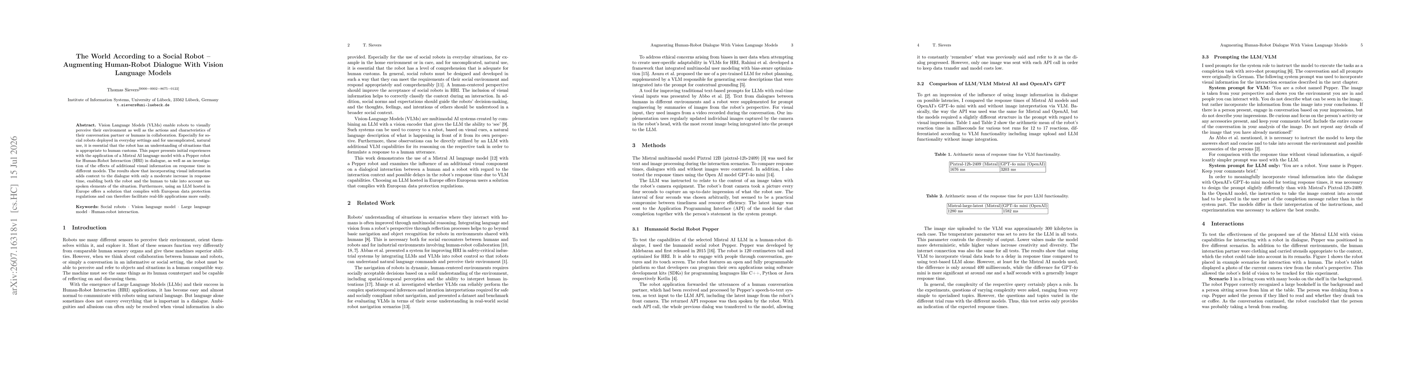Thumbnail for The World According to a Social Robot -- Augmenting Human-Robot Dialogue With Vision Language Models
