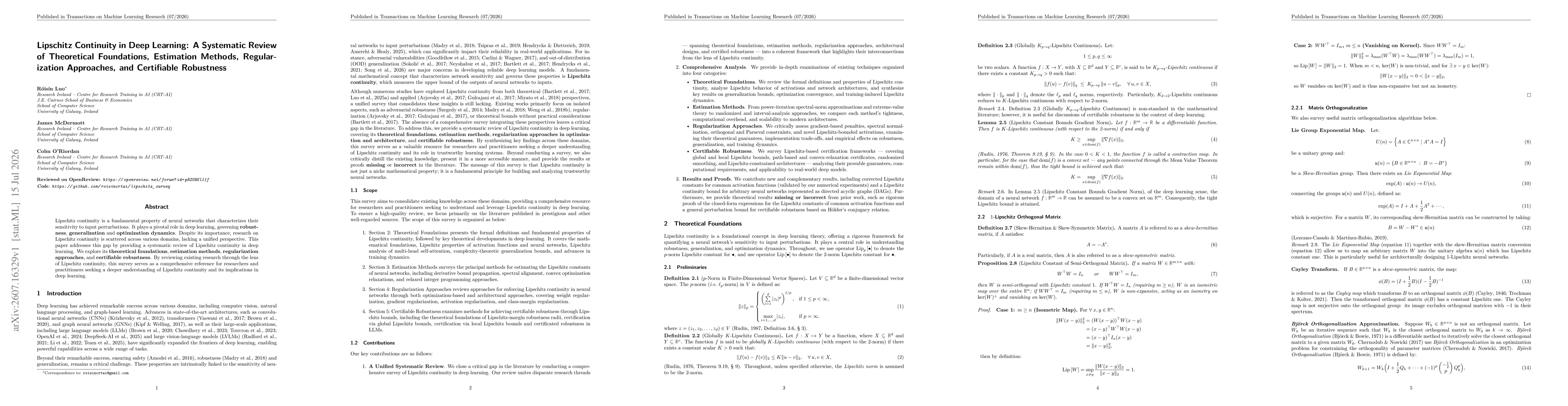 Thumbnail for Lipschitz Continuity in Deep Learning: A Systematic Review of Theoretical Foundations, Estimation Methods, Regularization Approaches, and Certifiable Robustness