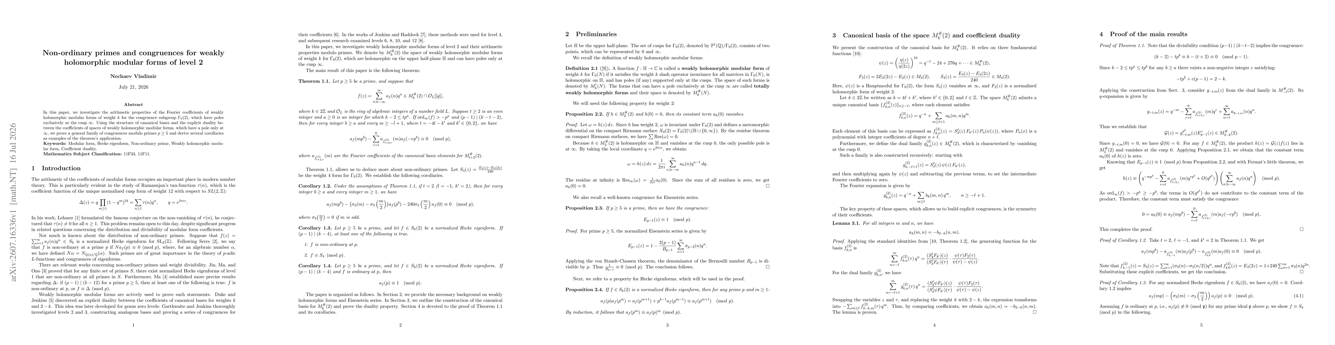 Thumbnail for Non-ordinary primes and congruences for weakly holomorphic modular forms of level 2