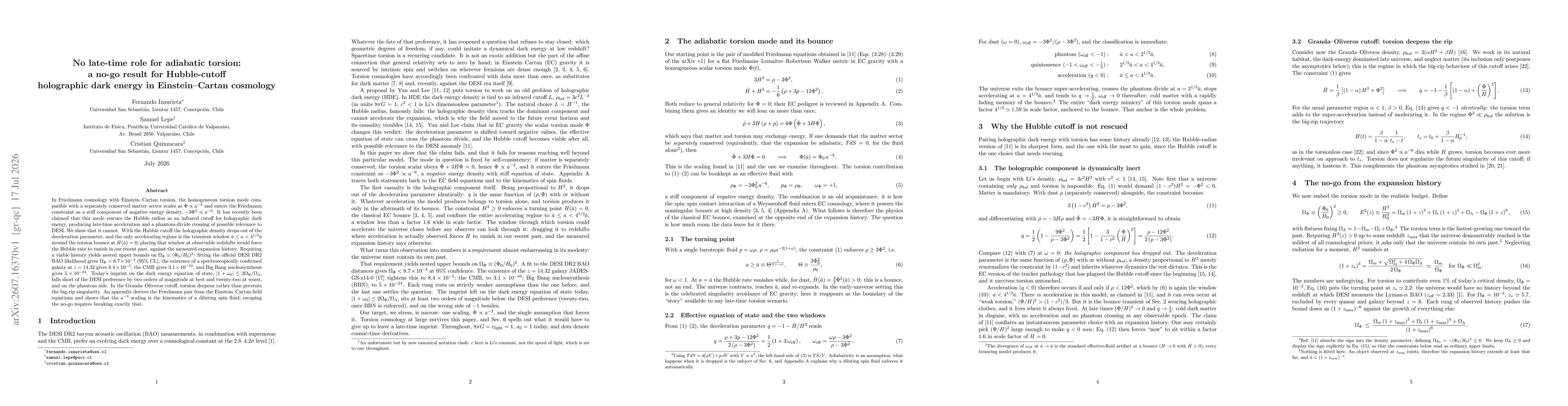 Thumbnail for No late-time role for adiabatic torsion: a no-go result for Hubble-cutoff holographic dark energy in Einstein--Cartan cosmology