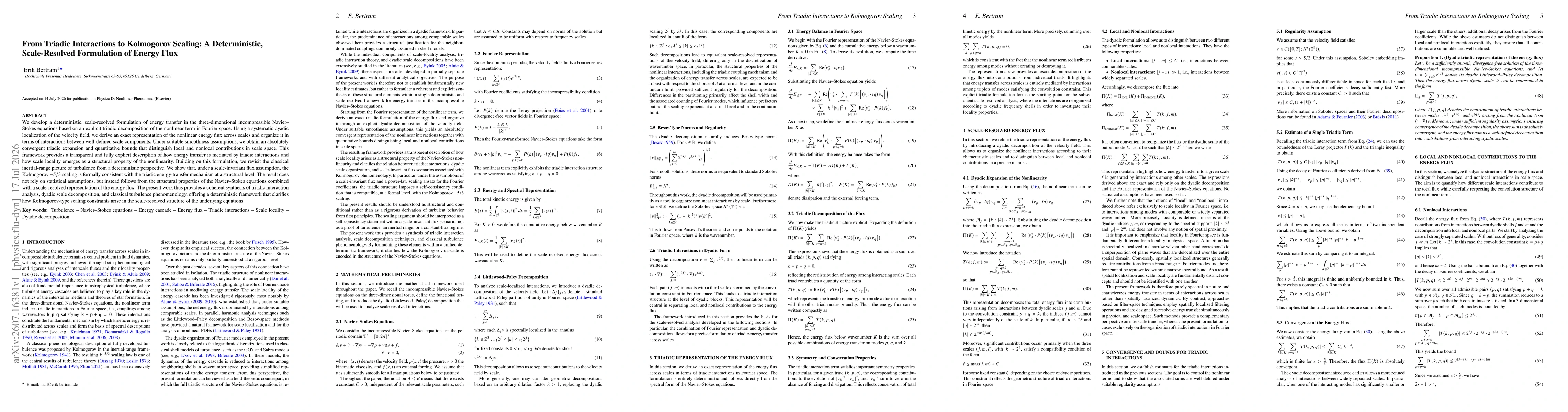 Thumbnail for From Triadic Interactions to Kolmogorov Scaling: A Deterministic, Scale-Resolved Formulation of Energy Flux