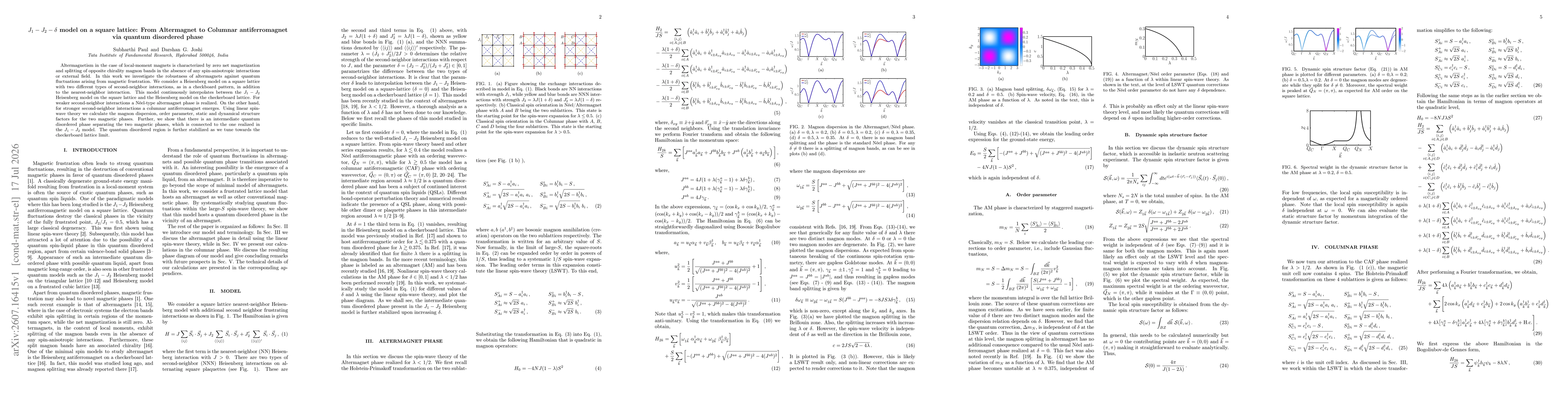Thumbnail for $J_{1} - J_{2} - δ$ model on a square lattice: From Altermagnet to Columnar antiferromagnet via quantum disordered phase