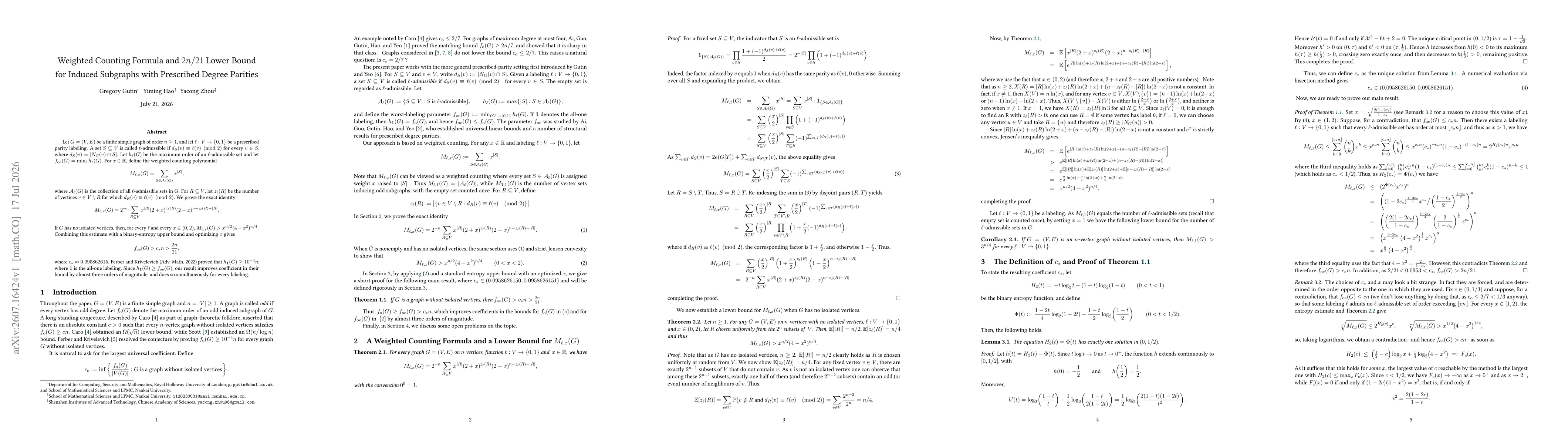 Thumbnail for Weighted Counting Formula and $2n/21$ Lower Bound for Induced Subgraphs with Prescribed Degree Parities