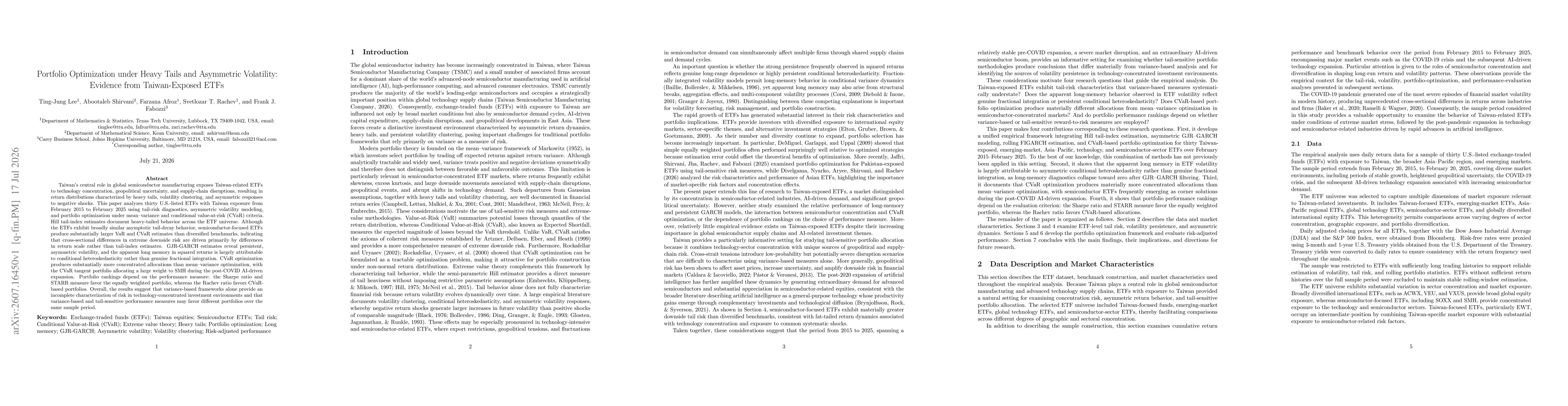 Thumbnail for Portfolio Optimization under Heavy Tails and Asymmetric Volatility: Evidence from Taiwan-Exposed ETFs