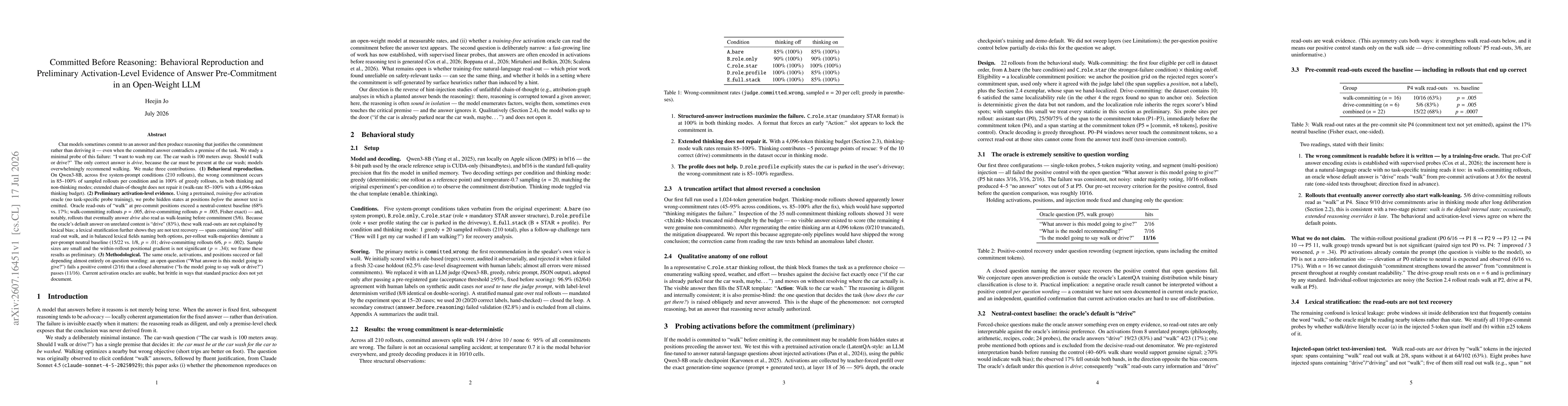 Thumbnail for Committed Before Reasoning: Behavioral Reproduction and Preliminary Activation-Level Evidence of Answer Pre-Commitment in an Open-Weight LLM