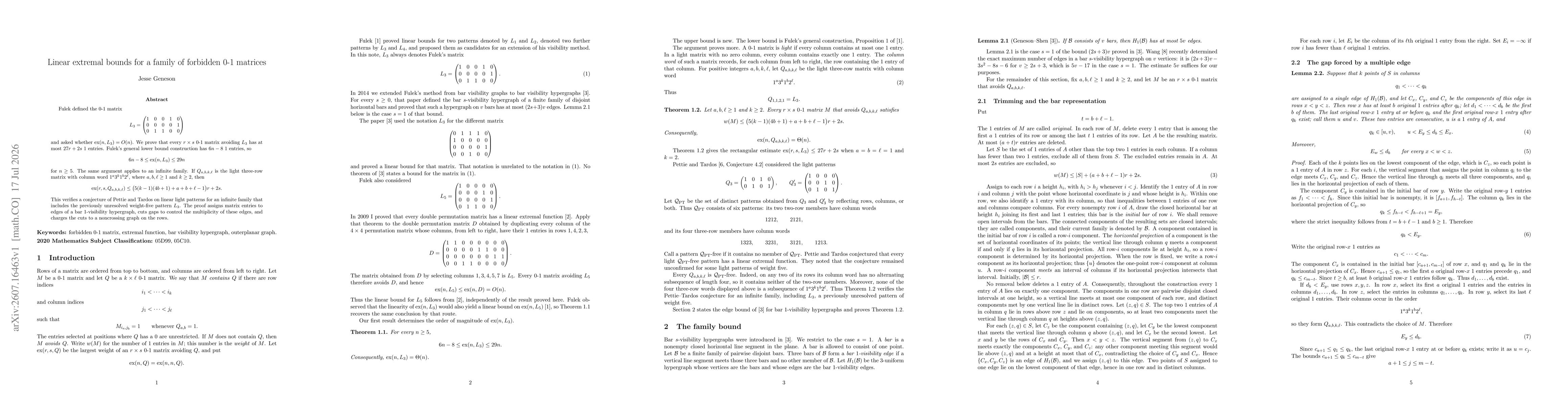 Thumbnail for Linear extremal bounds for a family of forbidden $0$-$1$ matrices