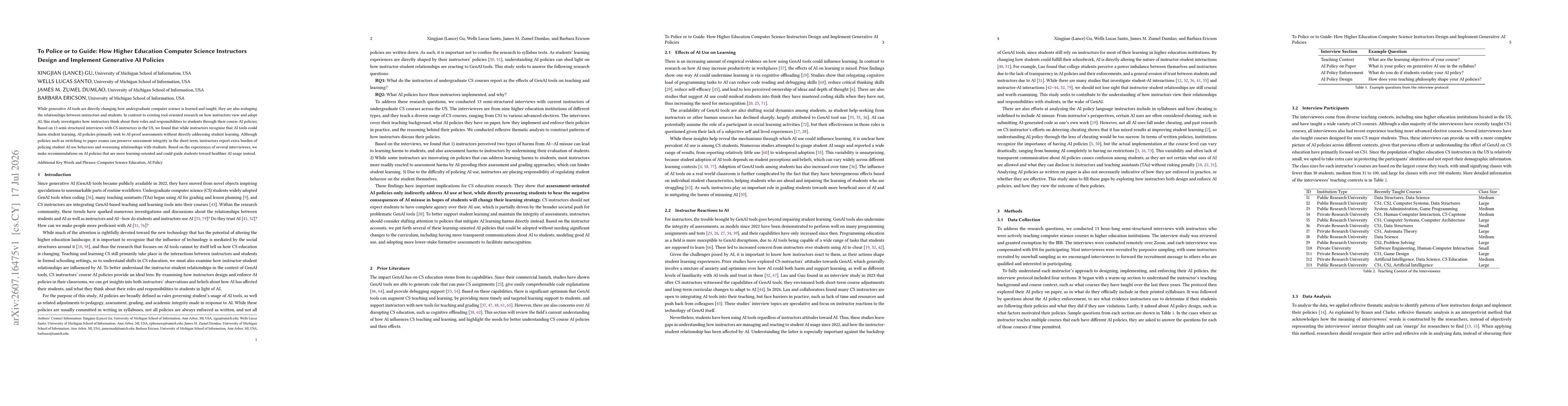 Thumbnail for To Police or to Guide: How Higher Education Computer Science Instructors Design and Implement Generative AI Policies