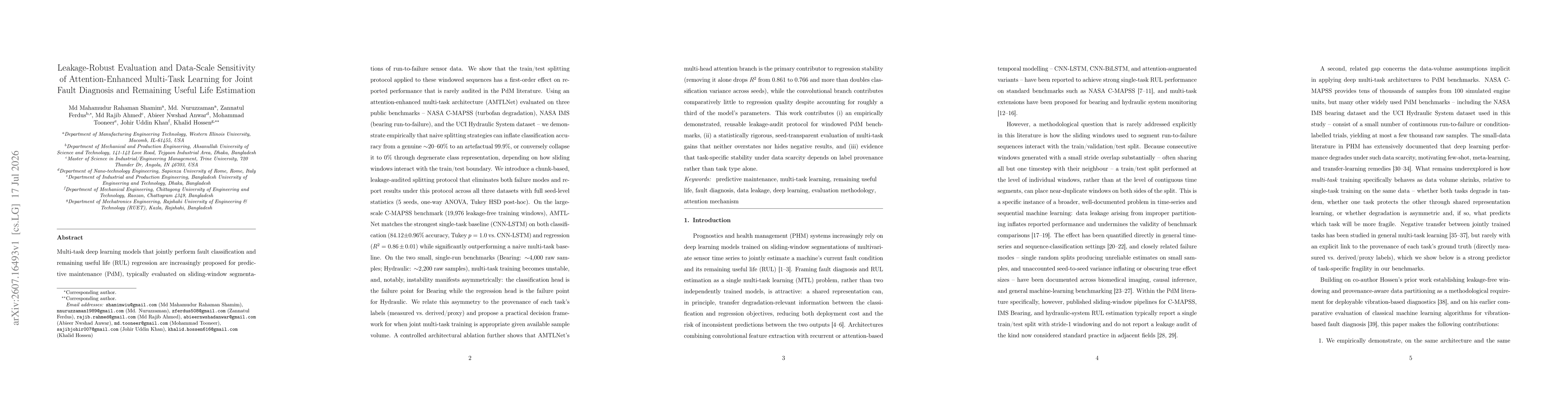 Thumbnail for Leakage-Robust Evaluation and Data-Scale Sensitivity of Attention-Enhanced Multi-Task Learning for Joint Fault Diagnosis and Remaining Useful Life Estimation