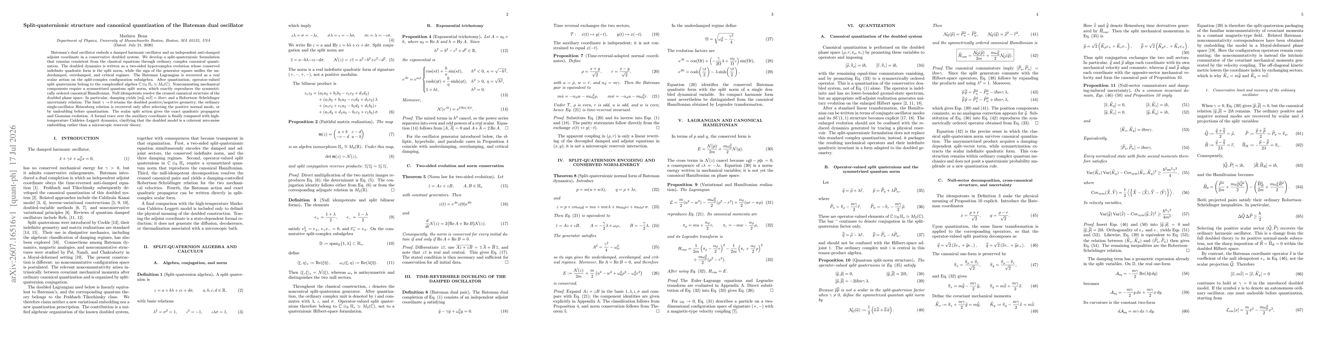 Thumbnail for Split-quaternionic structure and canonical quantization of the Bateman dual oscillator