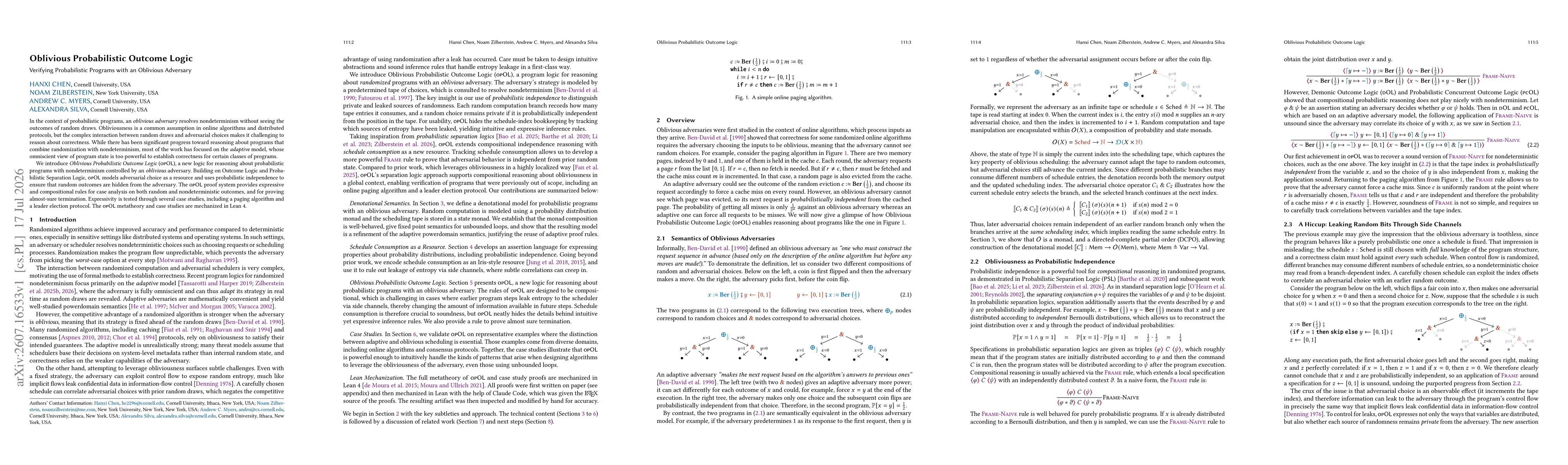 Thumbnail for Oblivious Probabilistic Outcome Logic: Verifying Probabilistic Programs with an Oblivious Adversary