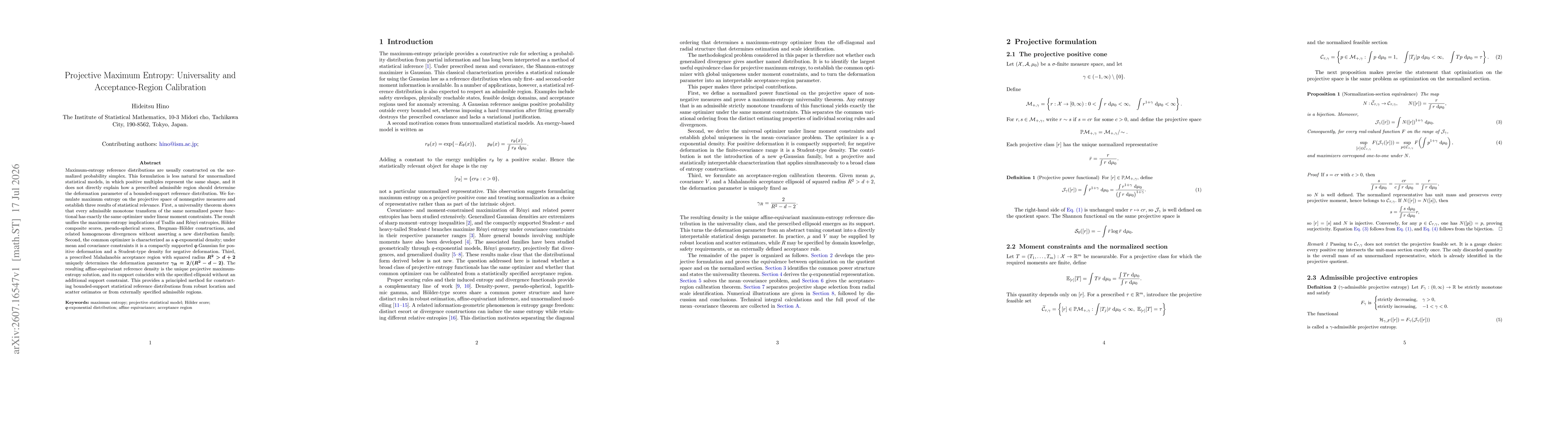 Thumbnail for Projective Maximum Entropy: Universality and Acceptance-Region Calibration