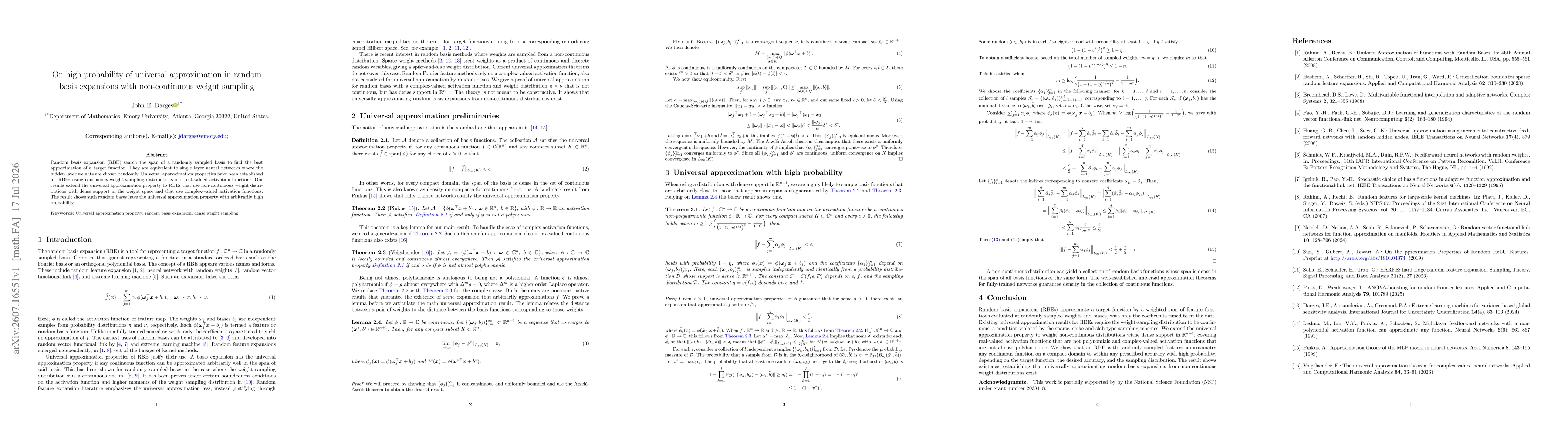 Thumbnail for On high probability of universal approximation in random basis expansions with non-continuous weight sampling