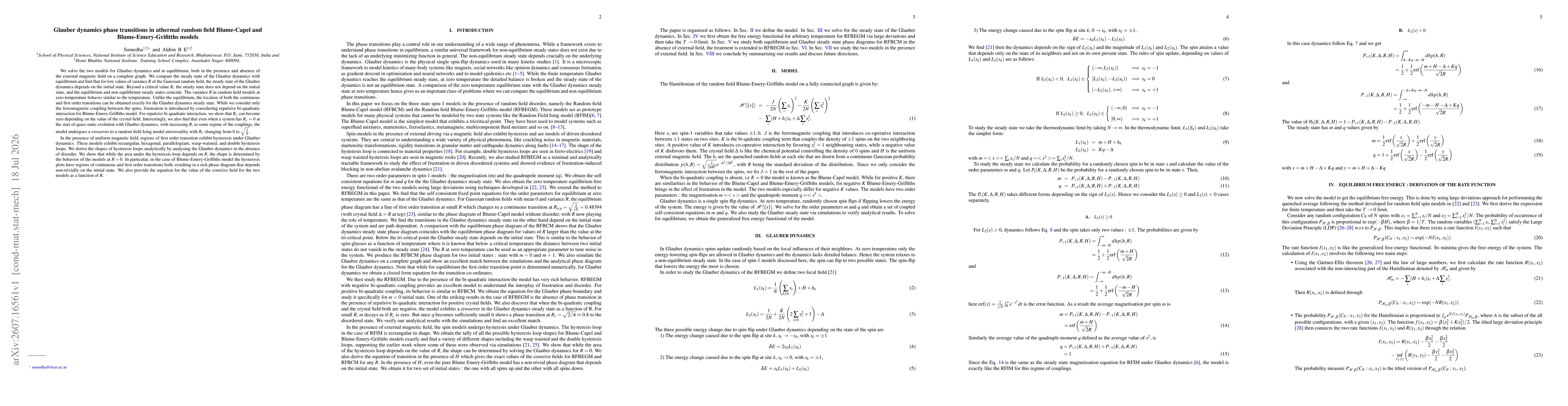 Thumbnail for Glauber dynamics phase transitions in athermal random field Blume-Capel and Blume-Emery-Grifitths models