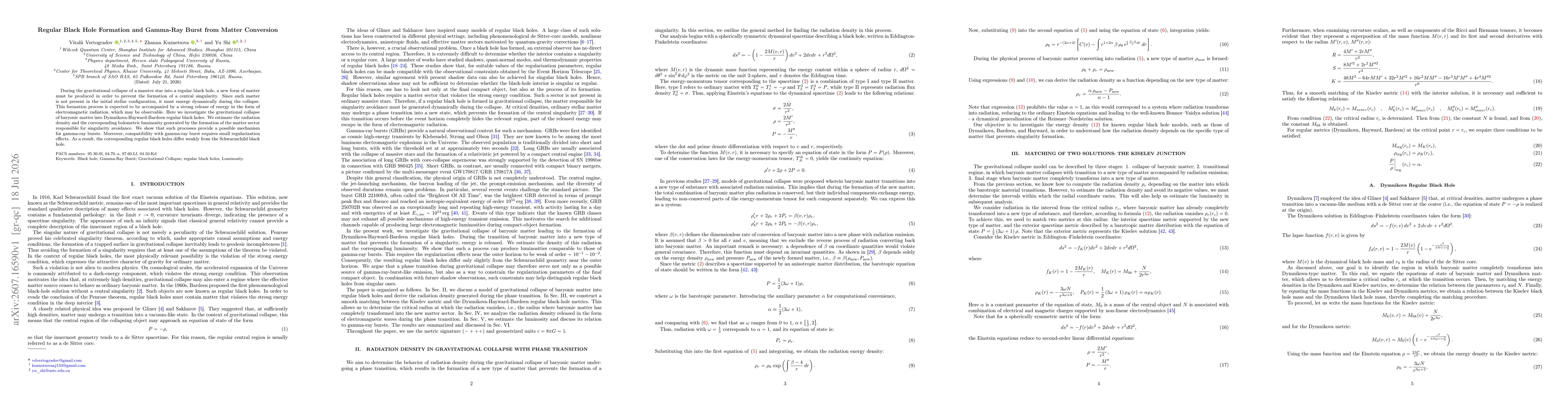 Thumbnail for Regular Black Hole Formation and Gamma-Ray Burst from Matter Conversion
