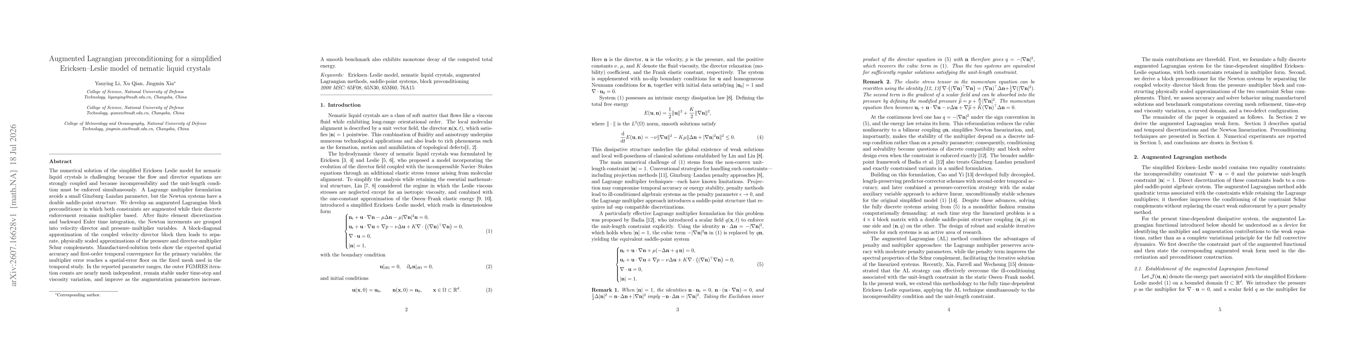 Thumbnail for Augmented Lagrangian preconditioning for a simplified Ericksen--Leslie model of nematic liquid crystals