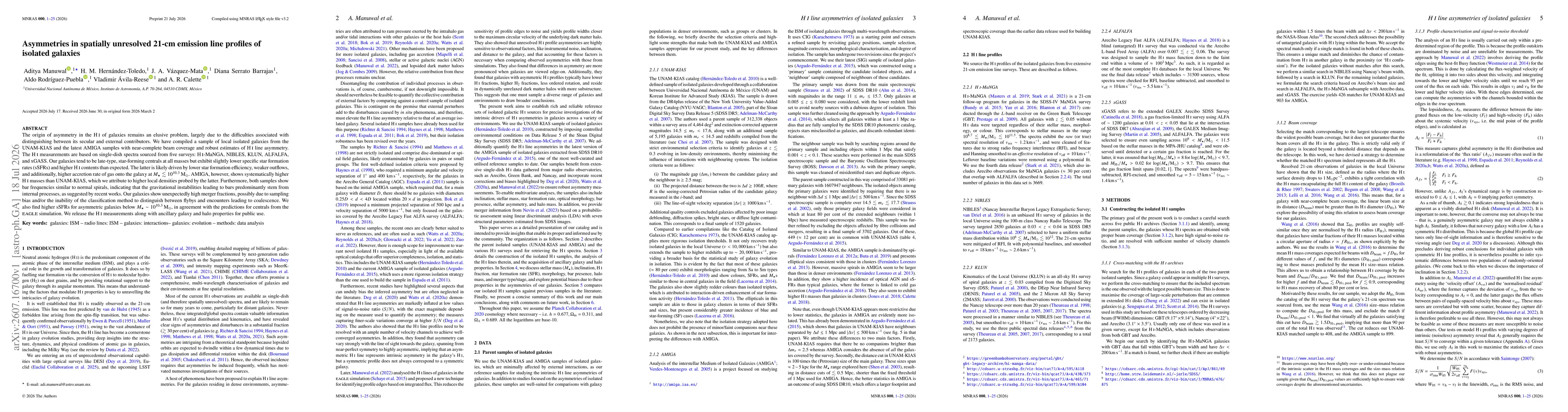 Thumbnail for Asymmetries in spatially unresolved 21-cm emission line profiles of isolated galaxies
