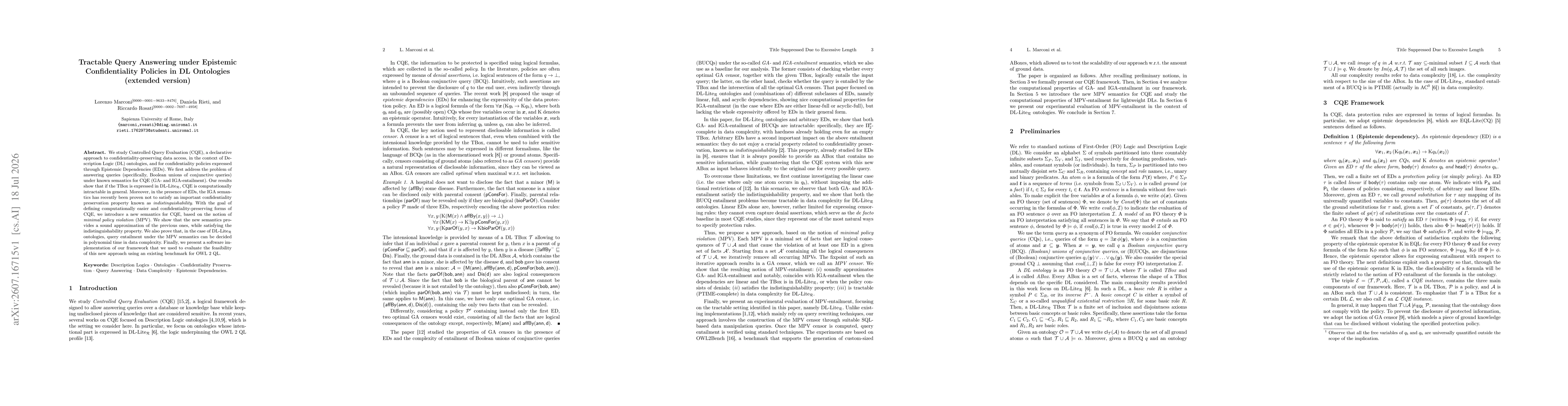 Thumbnail for Tractable Query Answering under Epistemic Confidentiality Policies in DL Ontologies (extended version)