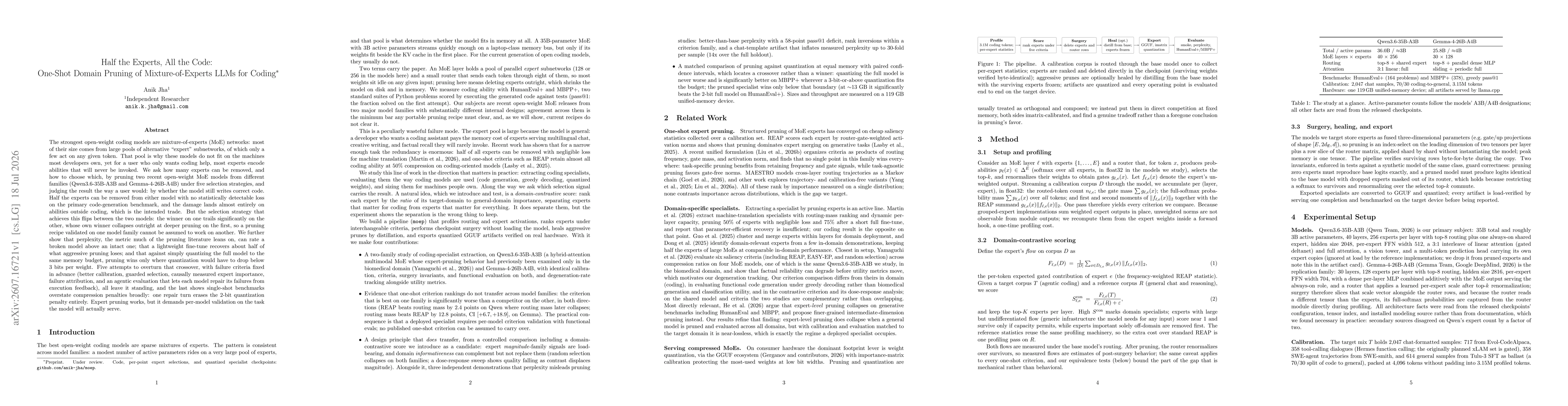 Thumbnail for Half the Experts, All the Code: One-Shot Domain Pruning of Mixture-of-Experts LLMs for Coding
