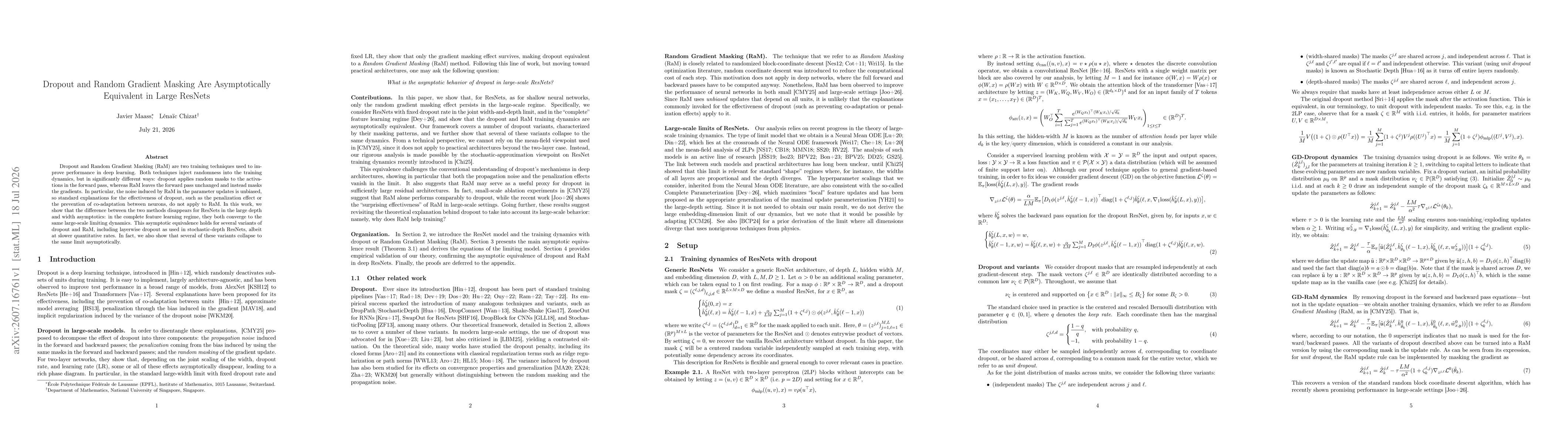 Thumbnail for Dropout and Random Gradient Masking Are Asymptotically Equivalent in Large ResNets
