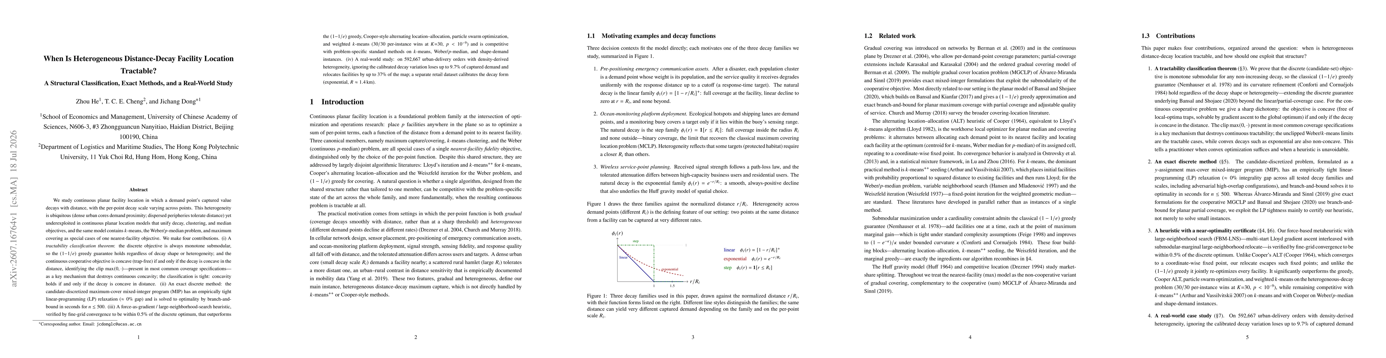 Thumbnail for When Is Heterogeneous Distance-Decay Facility Location Tractable? A Structural Classification, Exact Methods, and a Real-World Study