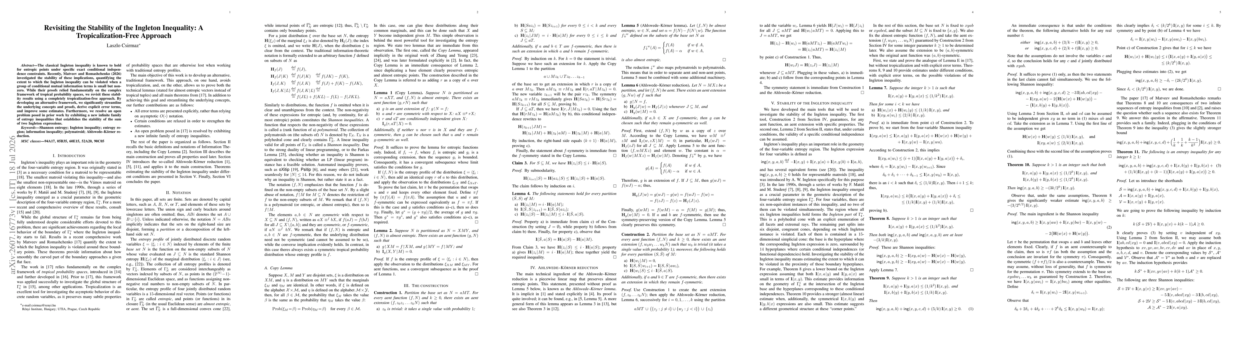 Thumbnail for Revisiting the Stability of the Ingleton Inequality: A Tropicalization-Free Approach