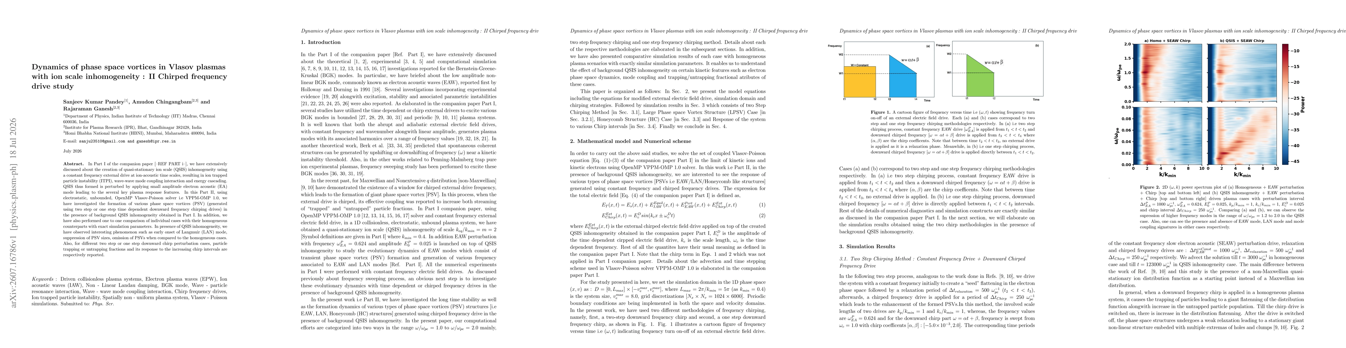 Thumbnail for Dynamics of phase space vortices in Vlasov plasmas with ion scale inhomogeneity : II Chirped frequency drive study
