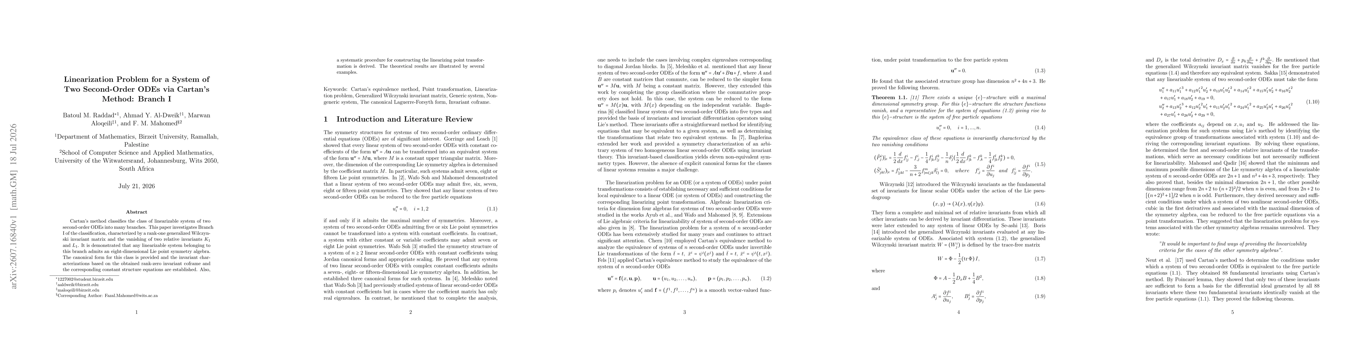 Thumbnail for Linearization Problem for a System of Two Second-Order ODEs via Cartan's Method: Branch I