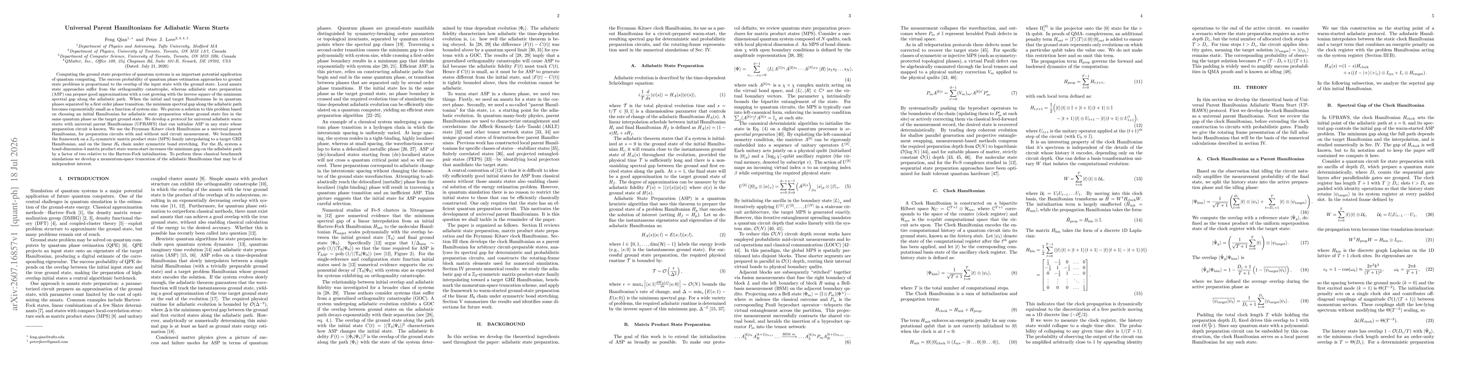 Thumbnail for Universal Parent Hamiltonians for Adiabatic Warm Starts