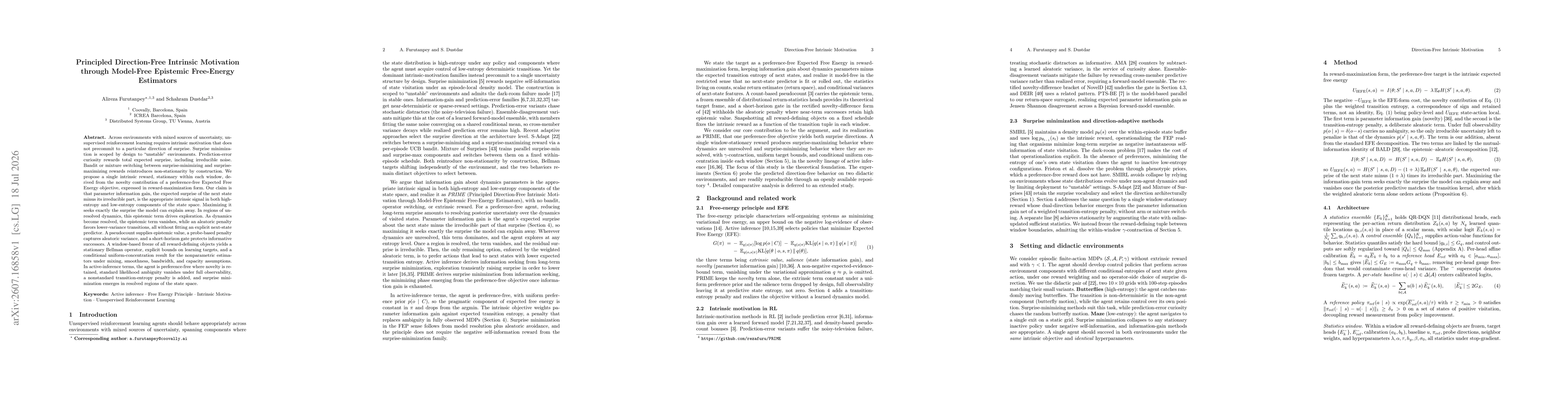Thumbnail for Principled Direction-Free Intrinsic Motivation through Model-Free Epistemic Free-Energy Estimators