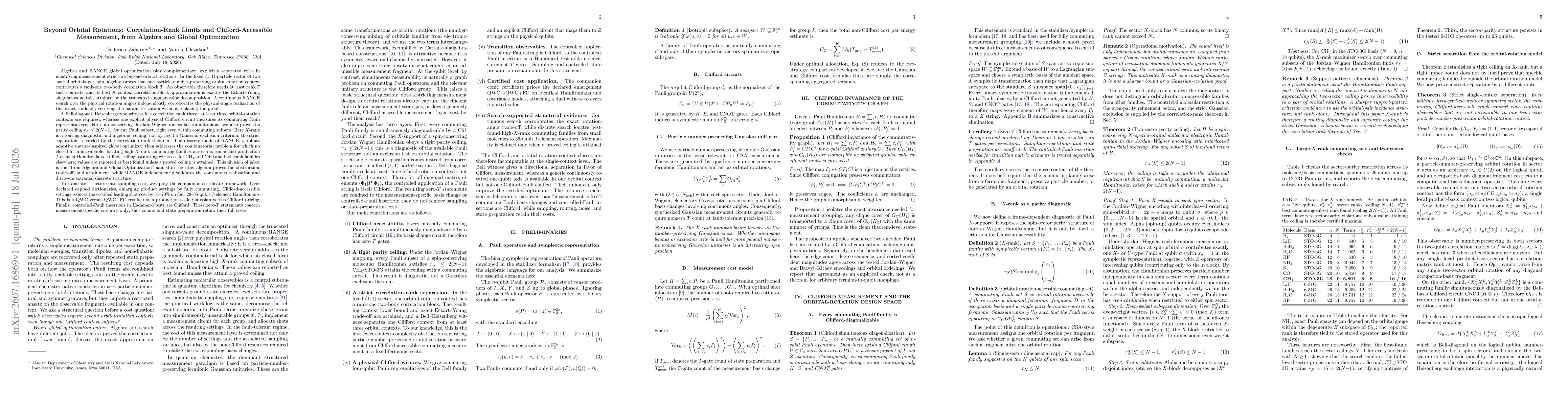 Thumbnail for Beyond Orbital Rotations: Correlation-Rank Limits and Clifford-Accessible Measurement, from Algebra and Global Optimization