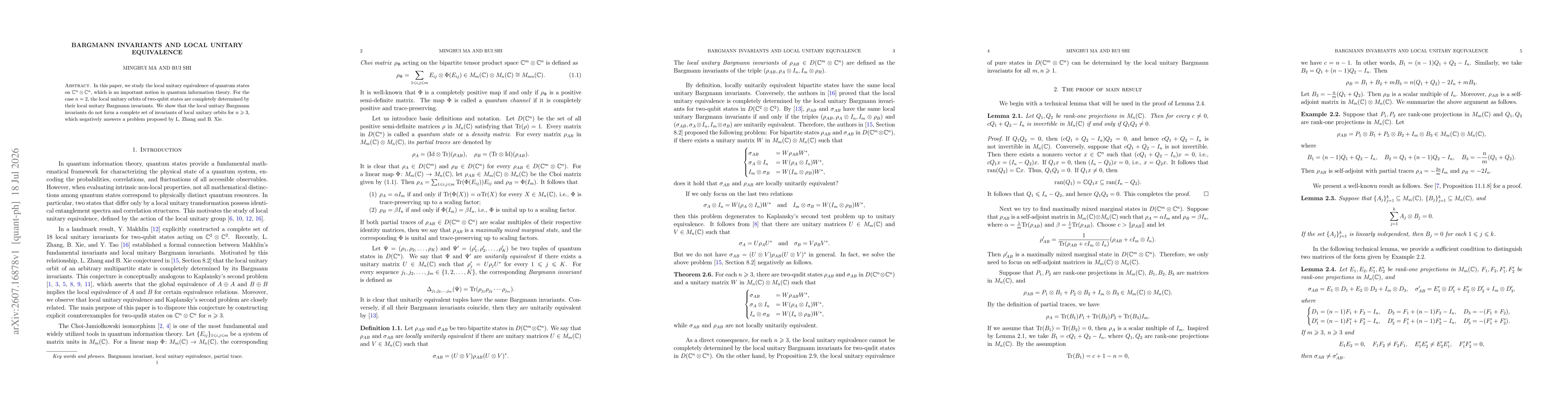 Thumbnail for Bargmann invariants and local unitary equivalence