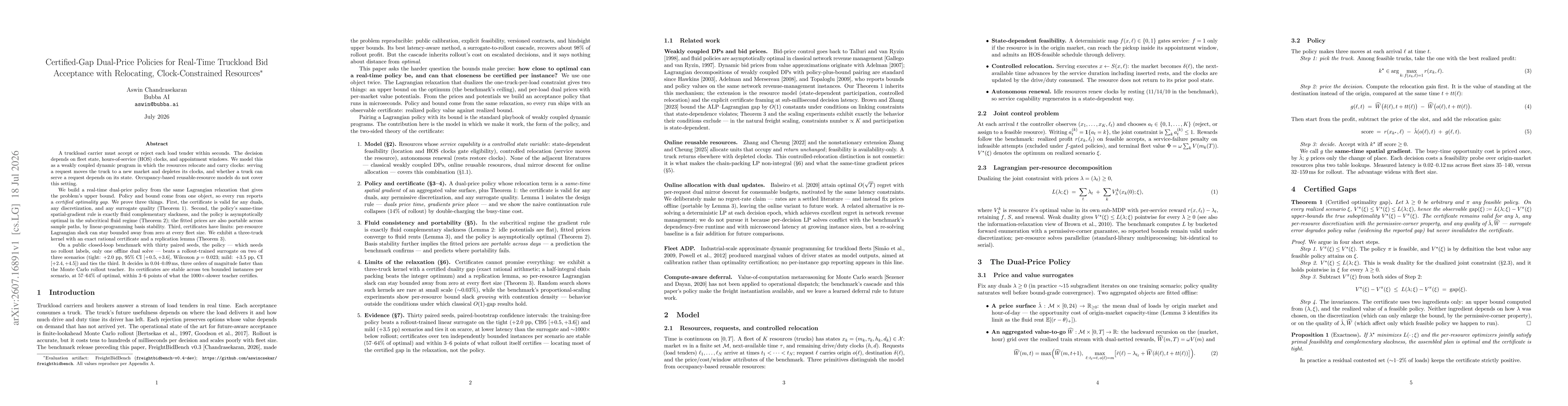 Thumbnail for Certified-Gap Dual-Price Policies for Real-Time Truckload Bid Acceptance with Relocating, Clock-Constrained Resources