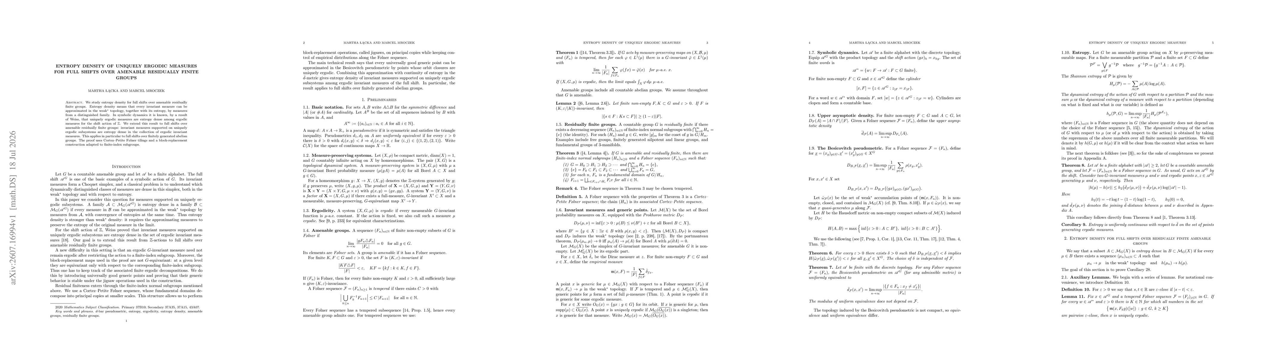 Thumbnail for Entropy Density of Uniquely Ergodic Measures for Full Shifts over Amenable Residually Finite Groups