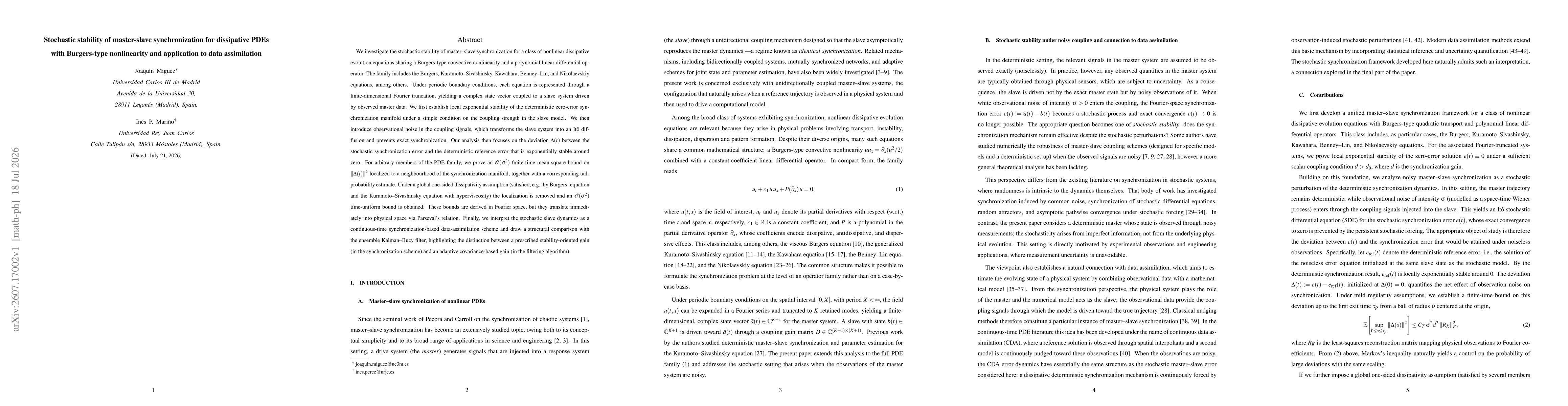 Thumbnail for Stochastic stability of master-slave synchronization for dissipative PDEs with Burgers-type nonlinearity and application to data assimilation