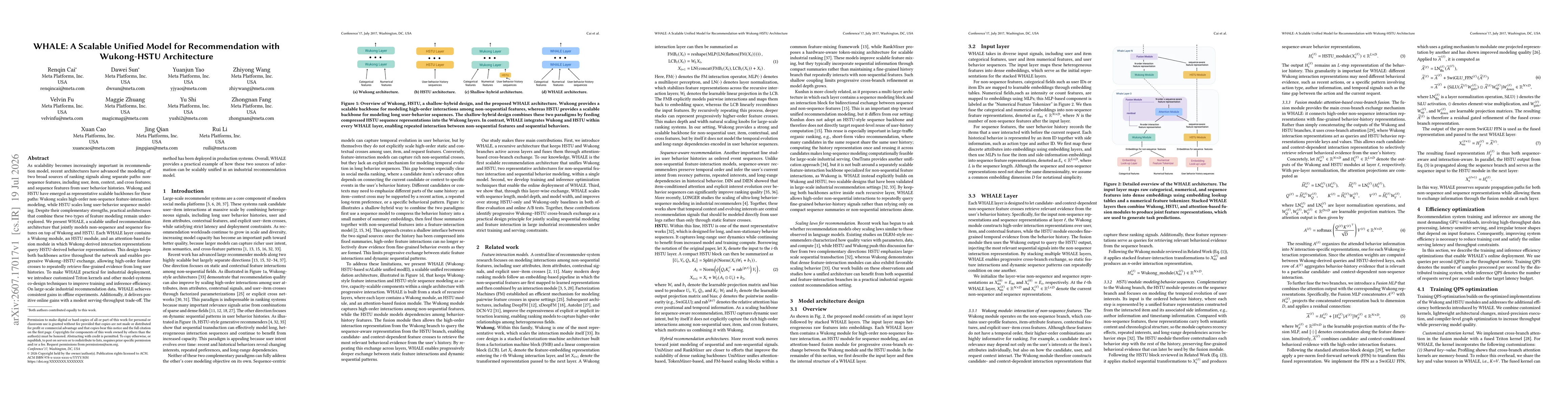 Thumbnail for WHALE: A Scalable Unified Model for Recommendation with Wukong-HSTU Architecture