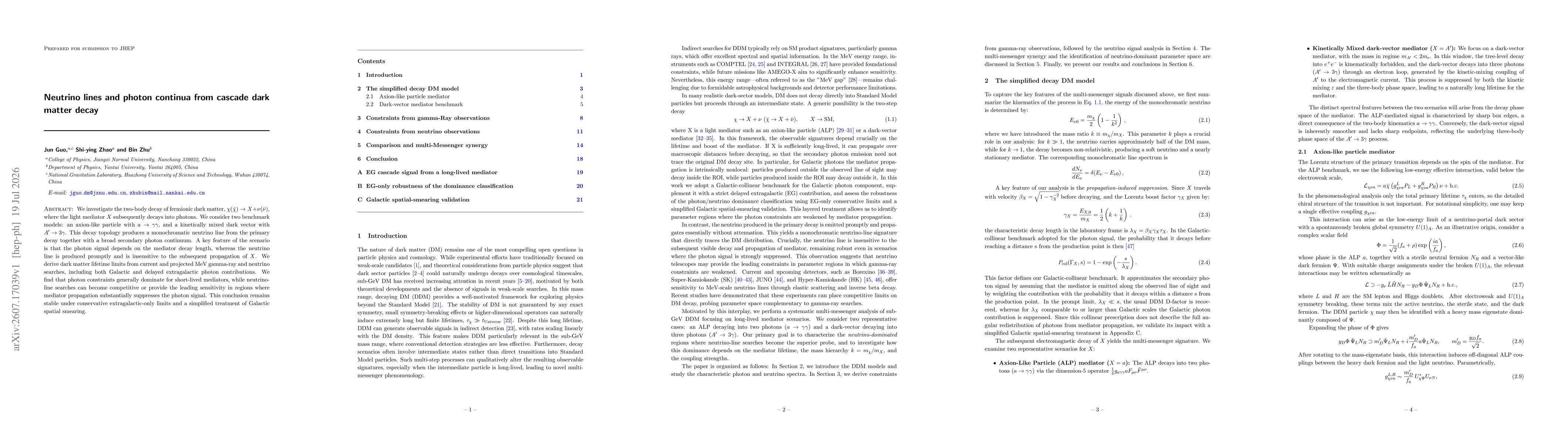 Thumbnail for Neutrino lines and photon continua from cascade dark matter decay