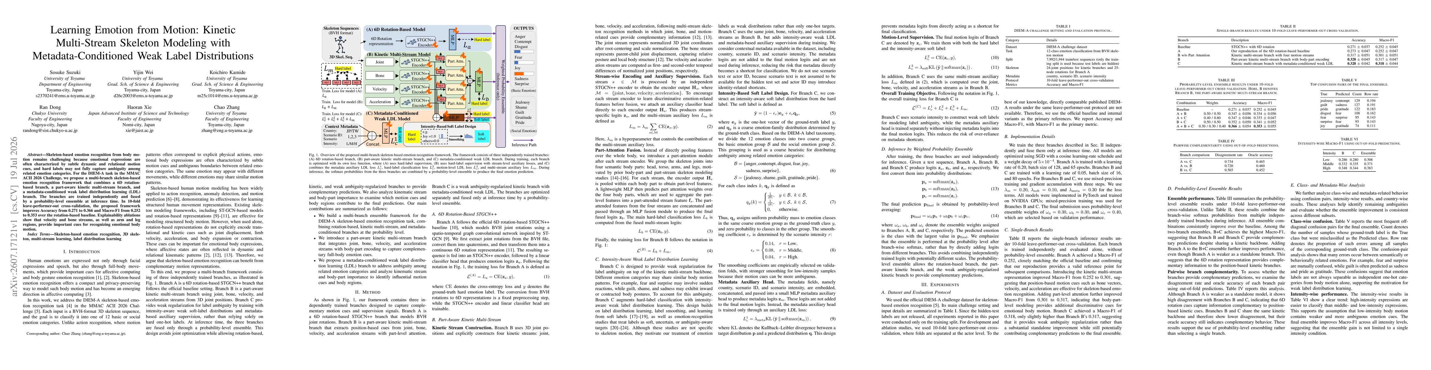 Thumbnail for Learning Emotion from Motion: Kinetic Multi-Stream Skeleton Modeling with Metadata-Conditioned Weak Label Distributions