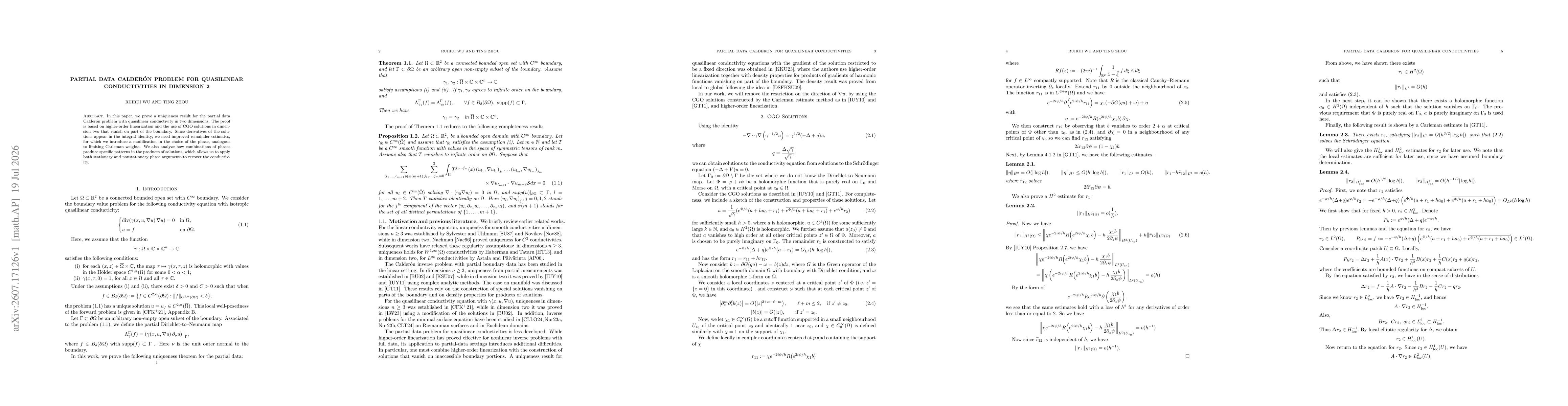 Thumbnail for Partial data Calderón problem for quasilinear conductivities in dimension 2