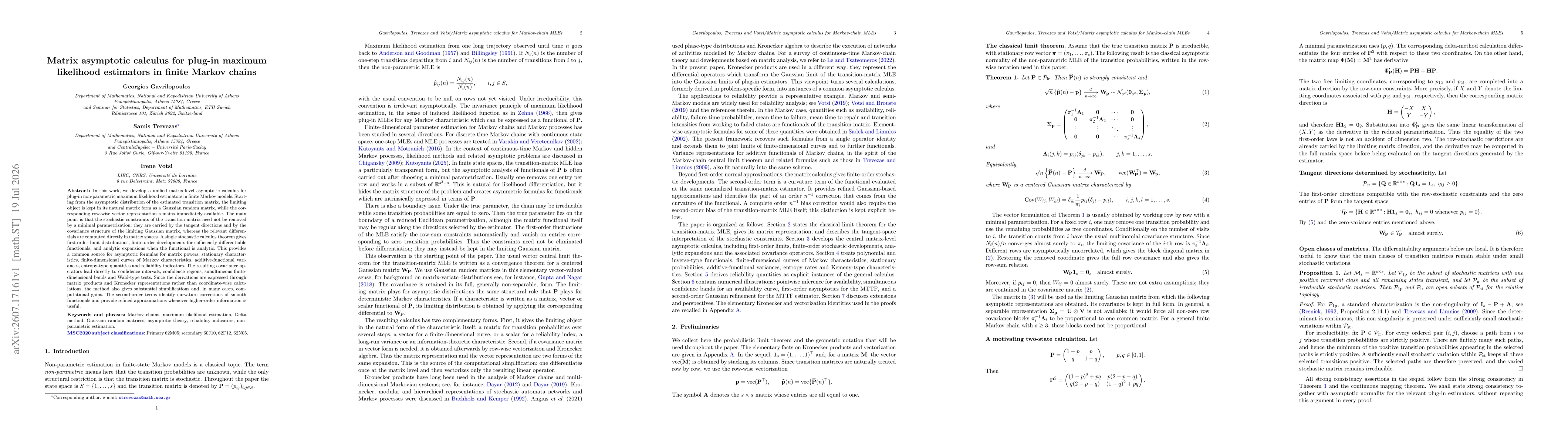 Thumbnail for Matrix asymptotic calculus for plug-in maximum likelihood estimators in finite Markov chains