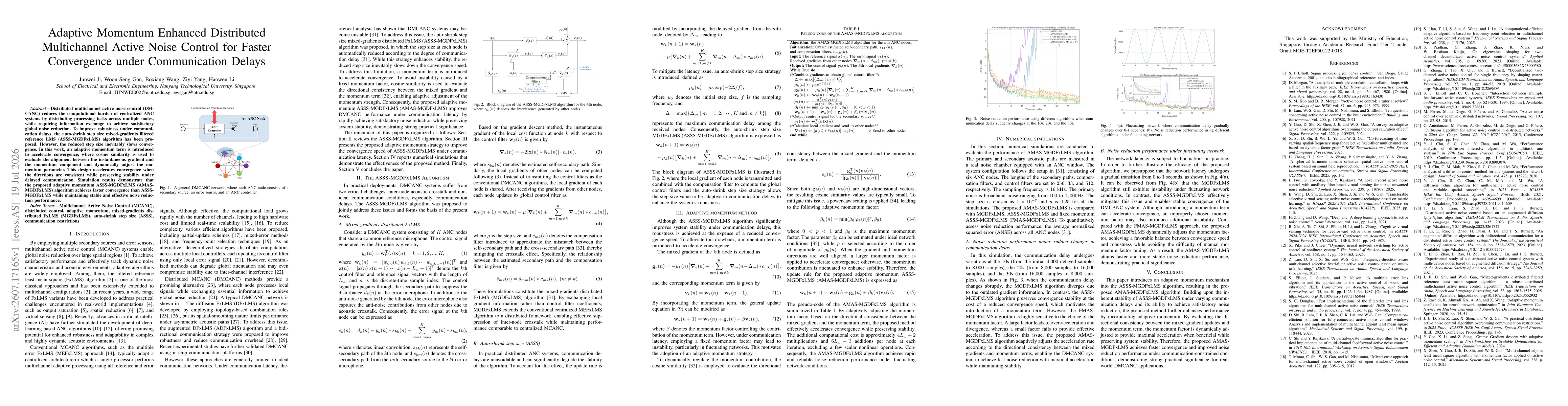 Thumbnail for Adaptive Momentum Enhanced Distributed Multichannel Active Noise Control for Faster Convergence under Communication Delays