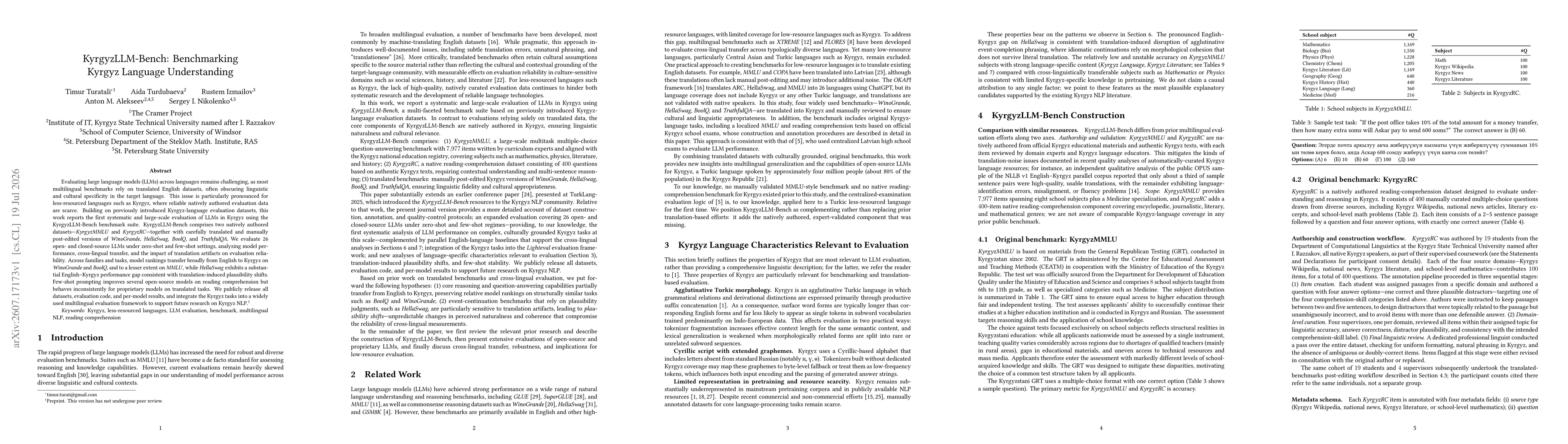 Thumbnail for KyrgyzLLM-Bench: Benchmarking Kyrgyz Language Understanding