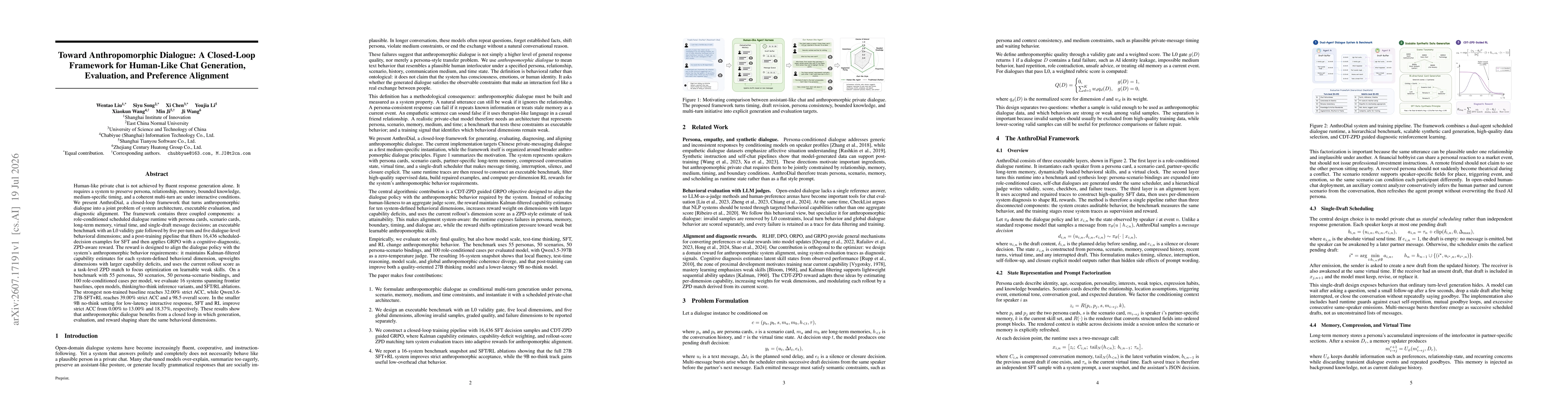 Thumbnail for Toward Anthropomorphic Dialogue: A Closed-Loop Framework for Human-Like Chat Generation, Evaluation, and Preference Alignment