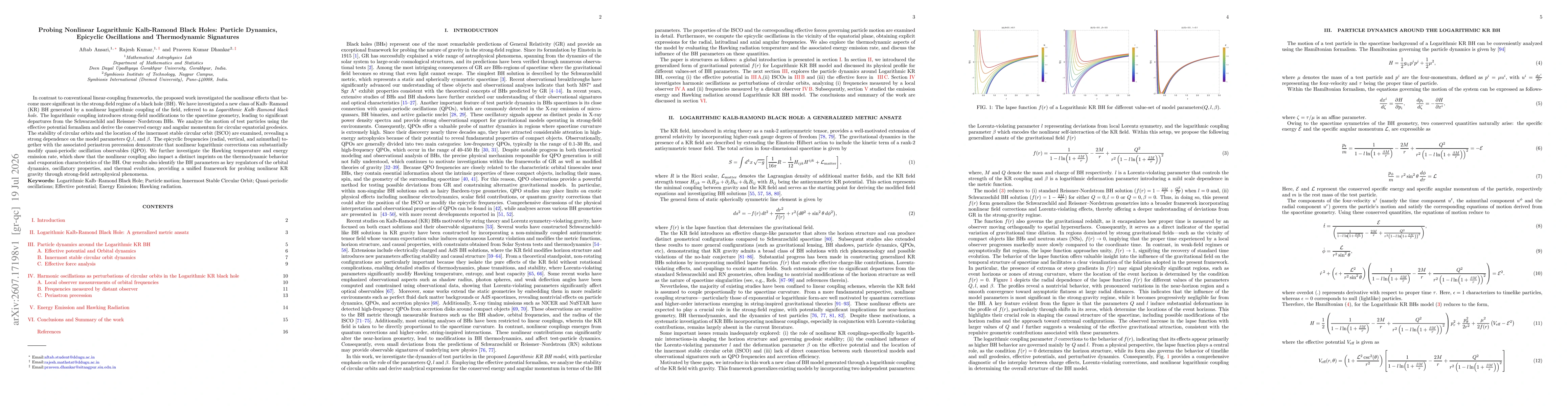 Thumbnail for Probing Nonlinear Logarithmic Kalb-Ramond Black Holes: Particle Dynamics, Epicyclic Oscillations and Thermodynamic Signatures
